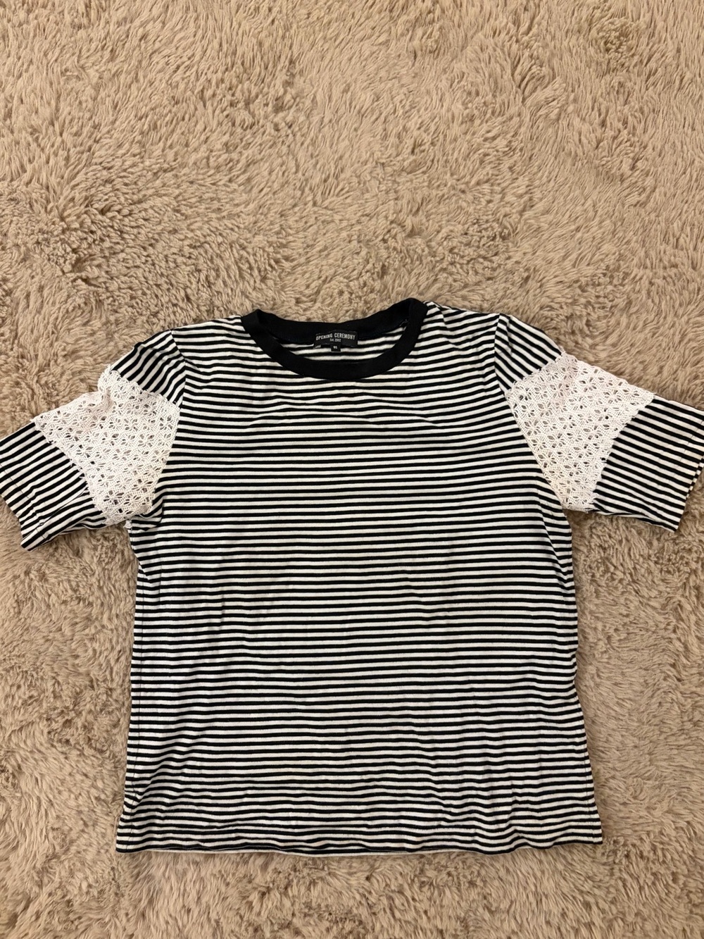 Opening Ceremony - Striped Black & White Crochet Sleeve Kids Top